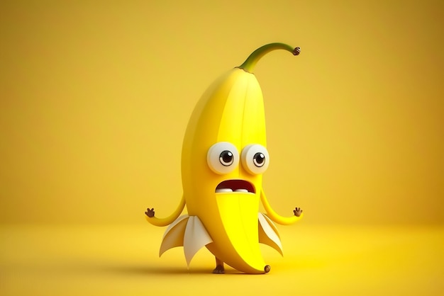 A banana with a sad face is standing in front of a yellow background.