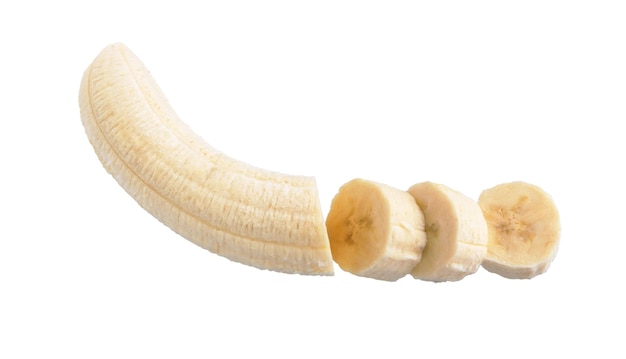 Bananas isolated on the white background Peeled cut bananas Banana slices fruit