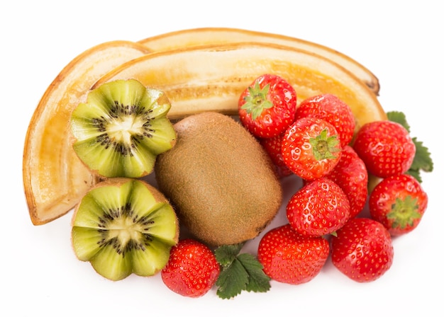 Bananas kiwi and strawberry isolated on a white background