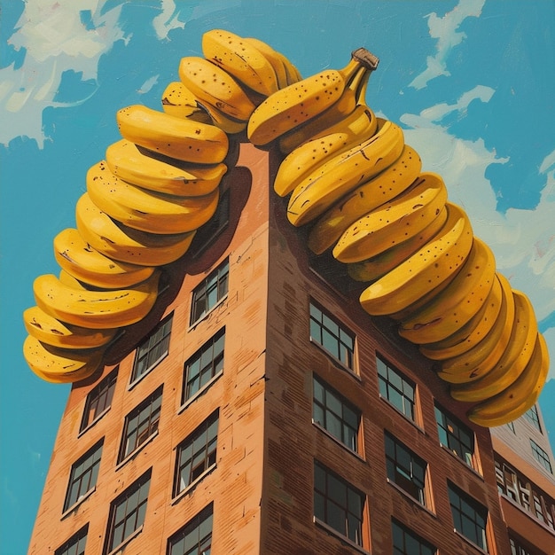 Photo bananas stacked against a vibrant building facade