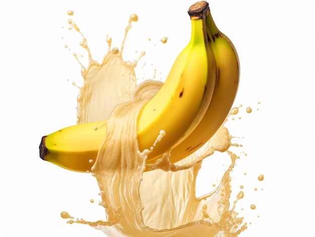 Bananas surrounded by splashing liquid on white background