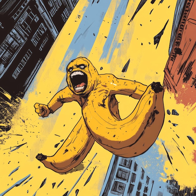 Photo a bananashaped monster runs through the city while screaming