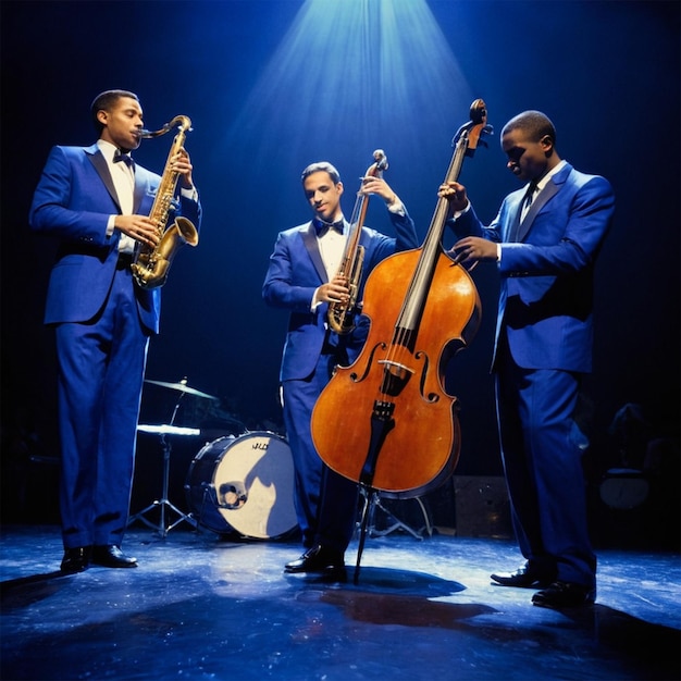 Photo a band of musicians in blue suits and bow ties