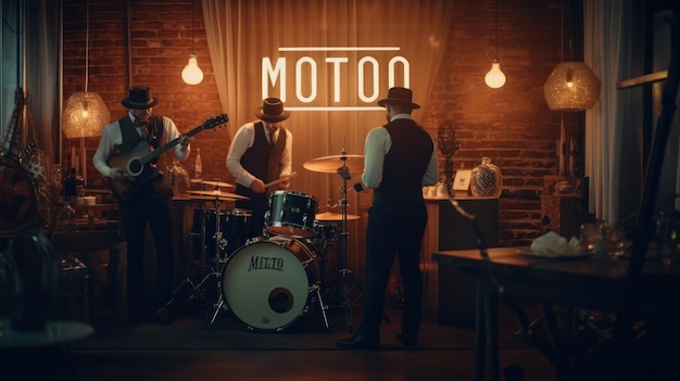 A band playing in a dark room with a sign that says moto on it.