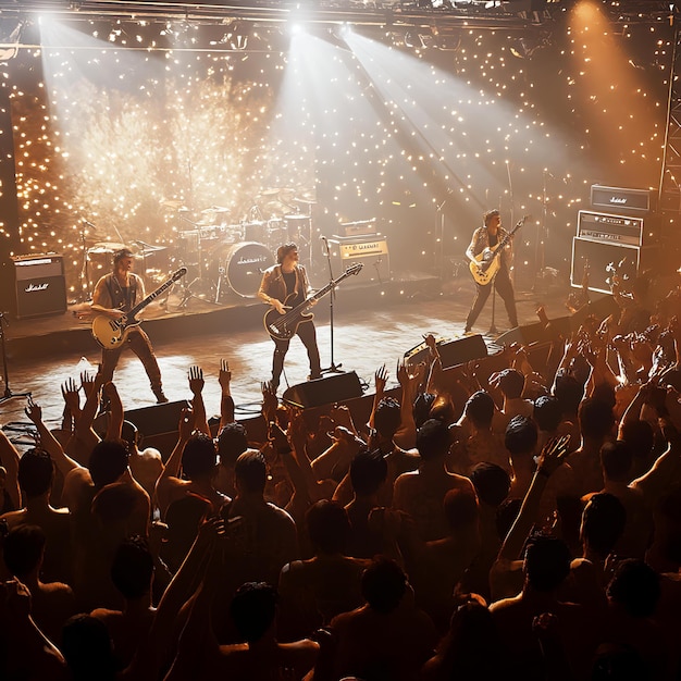 A band playing in front of a stage with the word quot welcome quot on it