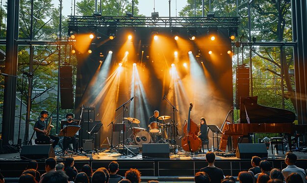 a band playing on stage with a band playing on it