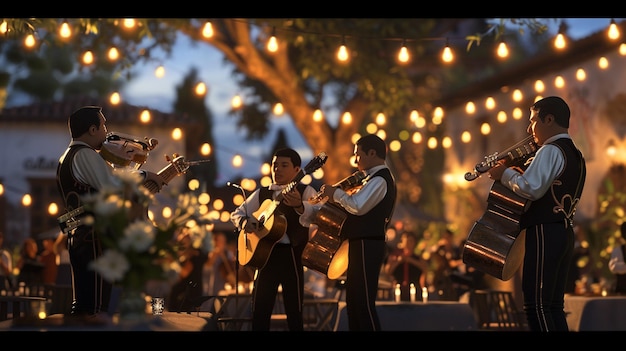 Photo a band plays music under a tree with lights behind them