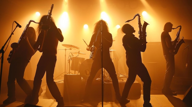 Bands silhouettes with on a concert Group of saxophone guitar trombone players performing on stage photorealistic natural light ar 169 style raw stylize 50 Job ID b0fa66f887364f7c8cf8f7ab7dbef364