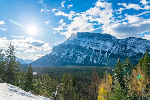 Banff National Park landscape Snowcovered Mount Rundle and forest in autumn Canadian Rockies