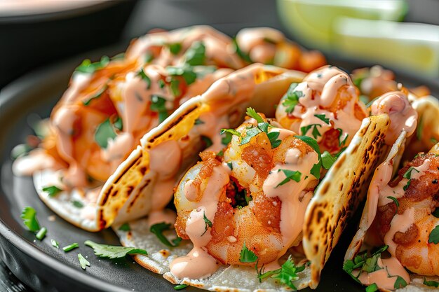 Bang Bang Shrimp Tacos on black plate with sauce