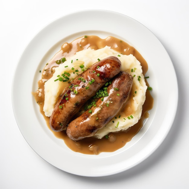 Bangers And Mash Irish Dish On A White Plate On A White Background Directly Above View