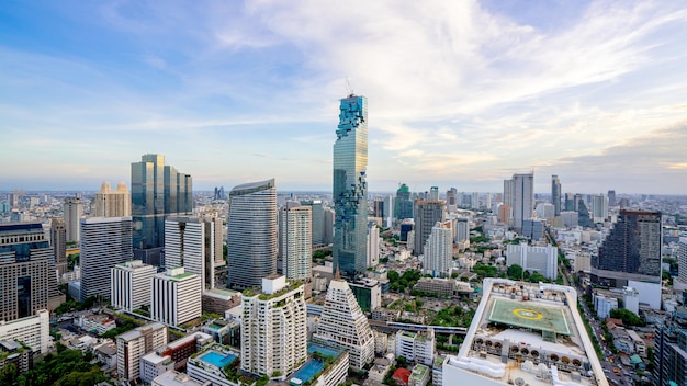 Bangkok City Aerial view Bangkok city urban downtown skyline tower of Thailand on blue sky background City scape Thailand