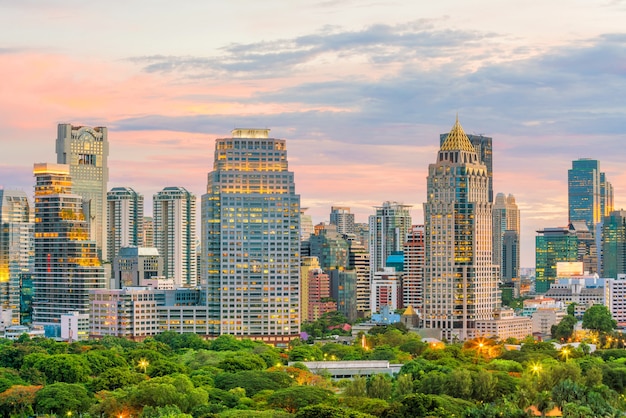 Bangkok city skyline with Lumpini park  from top view in Thailand at sunset