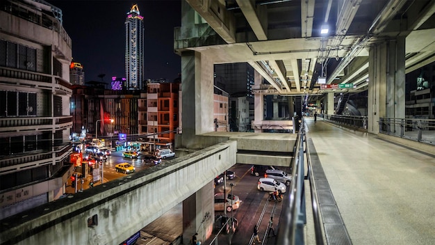 Bangkok, Thailand, April 5, 2019; Airport link Station at Ratchaprarop terminal, in the evening overlooking the city.