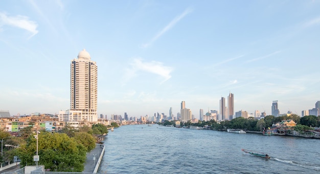 Bangkok / Thailand - December 30 2021: View from Chao Phraya Sky Park, Chao Phraya River close to Phra Pokklao Bridge in, Thonburi, Bangkok, Thailand. One of the most to travel around Bangkok.