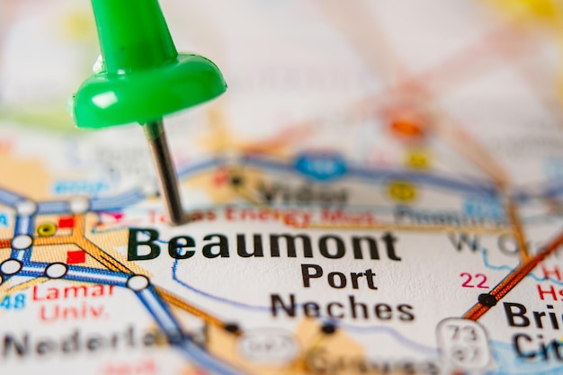 Bangkok Thailand January 20 2022 Beaumont Texas road map with red pushpin city in the United States of America USA