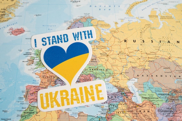 Bangkok Thailand September 1 2022 I stand with Ukraine text with heart flag on world map stop war with Russia concept