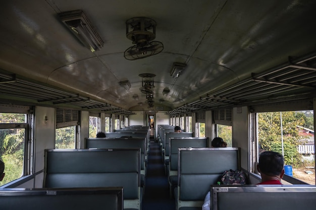 BangkokThailand1312022Unacquainted people in vintage train travel from bangkok to kanchanaburi