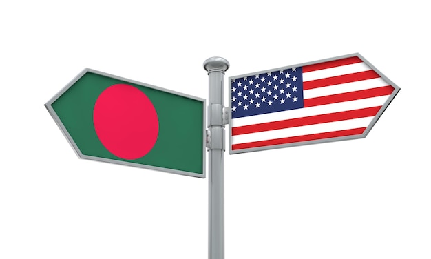 Bangladesh and America flag moving in different direction 3D Rendering