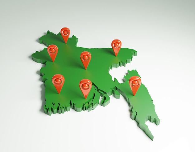 Bangladesh map with all divisions 3D Bangladesh map with location icon 3D Rendering