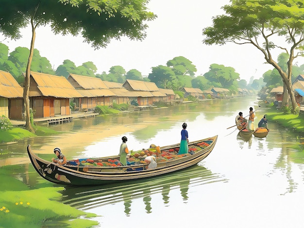 Bangladesh Village colorful Line Art Sketch