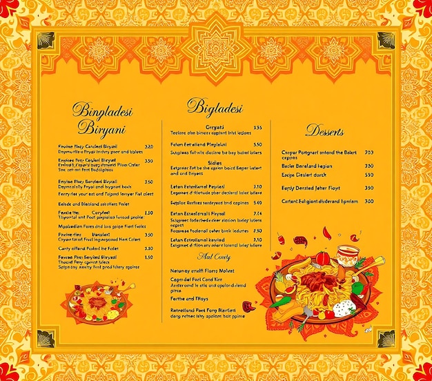 Bangladeshi Biryani Menu Featuring Intricate Alpana Floor Art Pat Menu Layout Idea For Brand Designt