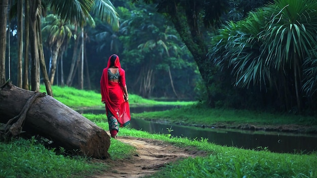 A Bangladeshi woman in a sari strolls on a dirt road