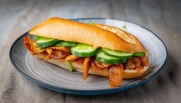 Banh Mi sandwich with pork belly cucumber and spicy sriracha mayo Vietnamese cuisine Tasty food