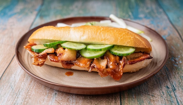 Banh Mi sandwich with pork belly cucumber and spicy sriracha mayo Vietnamese cuisine Tasty food