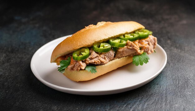 Banh Mi sandwich with roasted pork pate and fresh jalapenos Vietnamese cuisine Tasty food