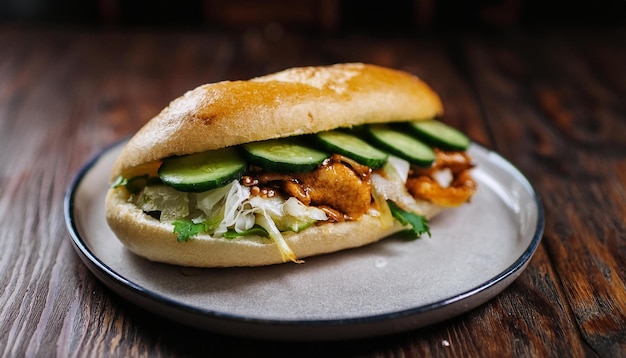 Banh Mi sandwich with shredded chicken cucumber and chili sauce Vietnamese cuisine Tasty food