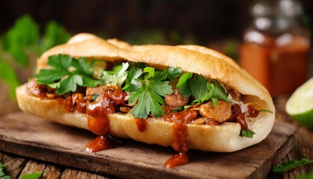 Banh Mi sandwich with spicy sausage cilantro hoisin sauce Vietnamese cuisine Tasty food