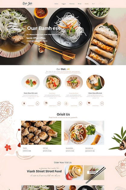 Photo banh xeo with masonry layout effect minimalistic pastel colo asian food website layout design idea