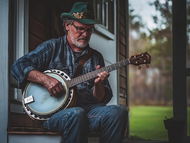 Photo banjo player on front porch