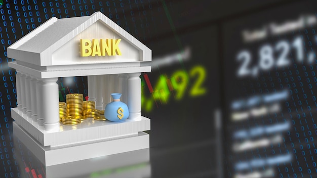 The bank building icon on chart background for business or saving concept 3d rendering