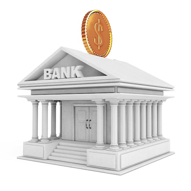 Bank Building with Golden Coin as Moneybox on a white background. 3d Rendering.