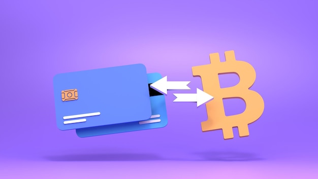 Bank card and bitcoin The concept of buying and selling crypto 3d render illustration