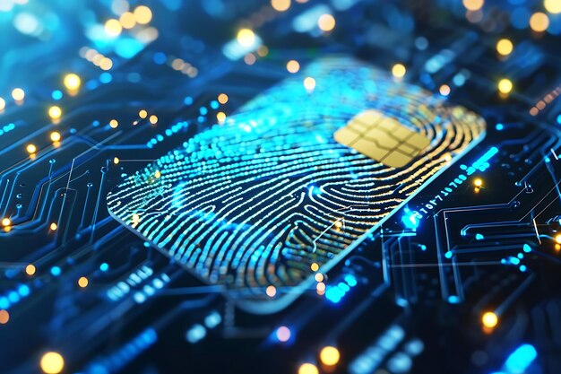 Bank Card Chip on Secure Circuit Board Background