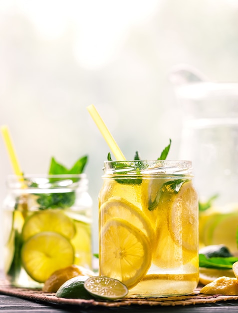 Bank of cold lemonade on the table