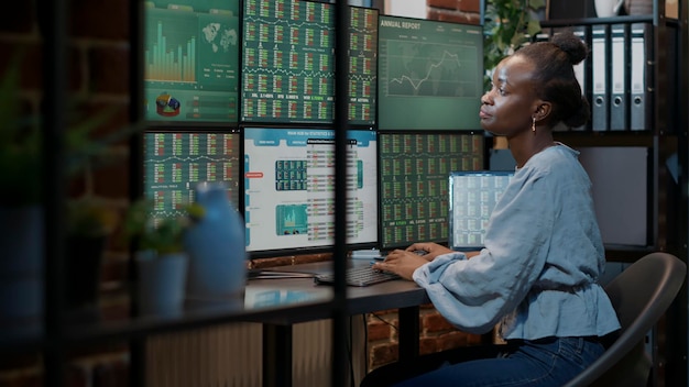 Photo bank employee analyzing forex exchange sales on laptop and multiple monitors in office, working to develop financial investment growth. stock market statistics in real time, trade numbers.