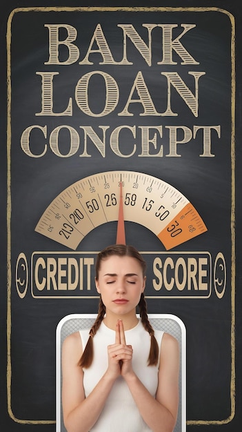 Bank loan cocnept with young woman with closed eyes and crossing fingers on credit score scale on c