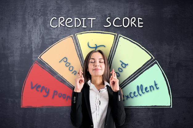 Photo bank loan cocnept with young woman with closed eyes and crossing fingers on credit score scale on chalkboard background