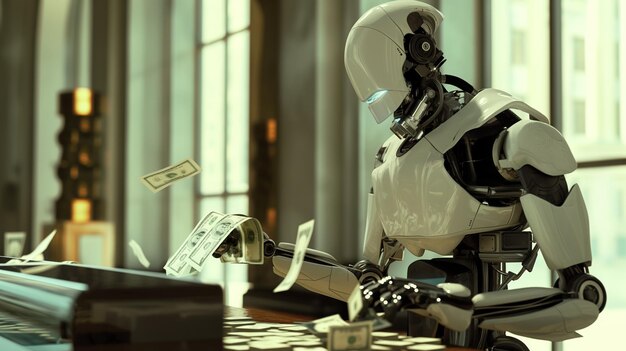 Bank manager robot counting cash Using ai technology for make money