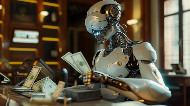 Bank manager robot counting cash Using ai technology for make money