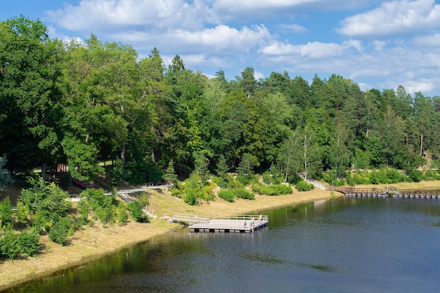 Bank of the Ogre river in the town of Ogre. The embankment is overgrown with forest and