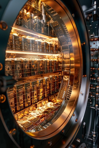 A bank vault safe door swung open revealing metal locks and a money storage room filled with cash