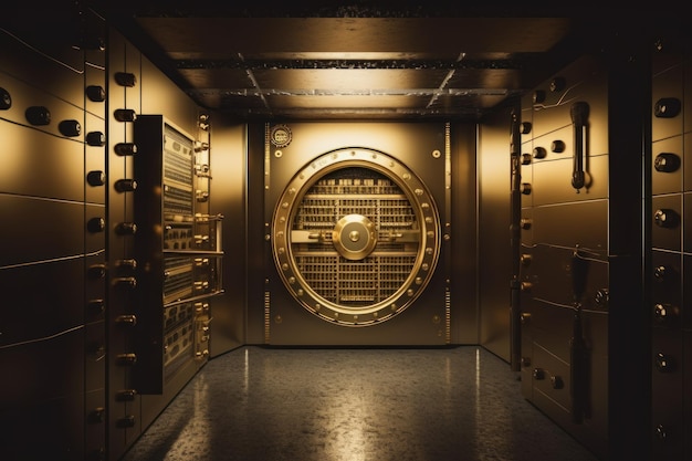 Bank vault with open door revealing stacks of gold bars inside Federal Reserve Bank storage with golden walls and dollareuro bills Concept of wealth and financial security