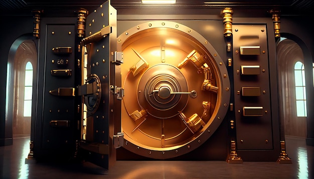 Bank vault with open door Store Gold bar inside in Gold vault money Dollar and euro vault Inside in bank vault Generative AI