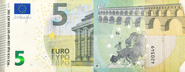 Banknote 5 (five) euro. Two sides background photo. Macro view of paper money