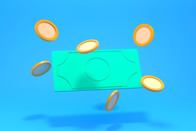 Banknote and floating coins on a blue background 3d render illustration